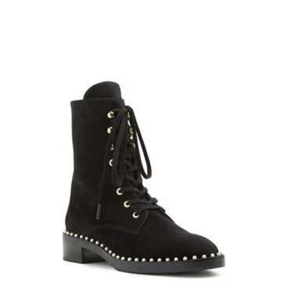 Stuart Weitzman Sondra Black Velvet Pearl Embellished Lace Up Combat Boots Sz 39